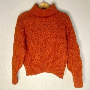 Aritzia Little Moon Vibrant Orange Turtleneck Merino Cable Knit Chunky Sweater